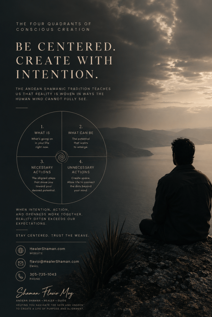 Discover the Four Quadrants of Conscious Creation in Andean Shamanism: What Is, What Can Be, Necessary Action, and Unnecessary Action. Learn how intention and consciousness shape reality.
