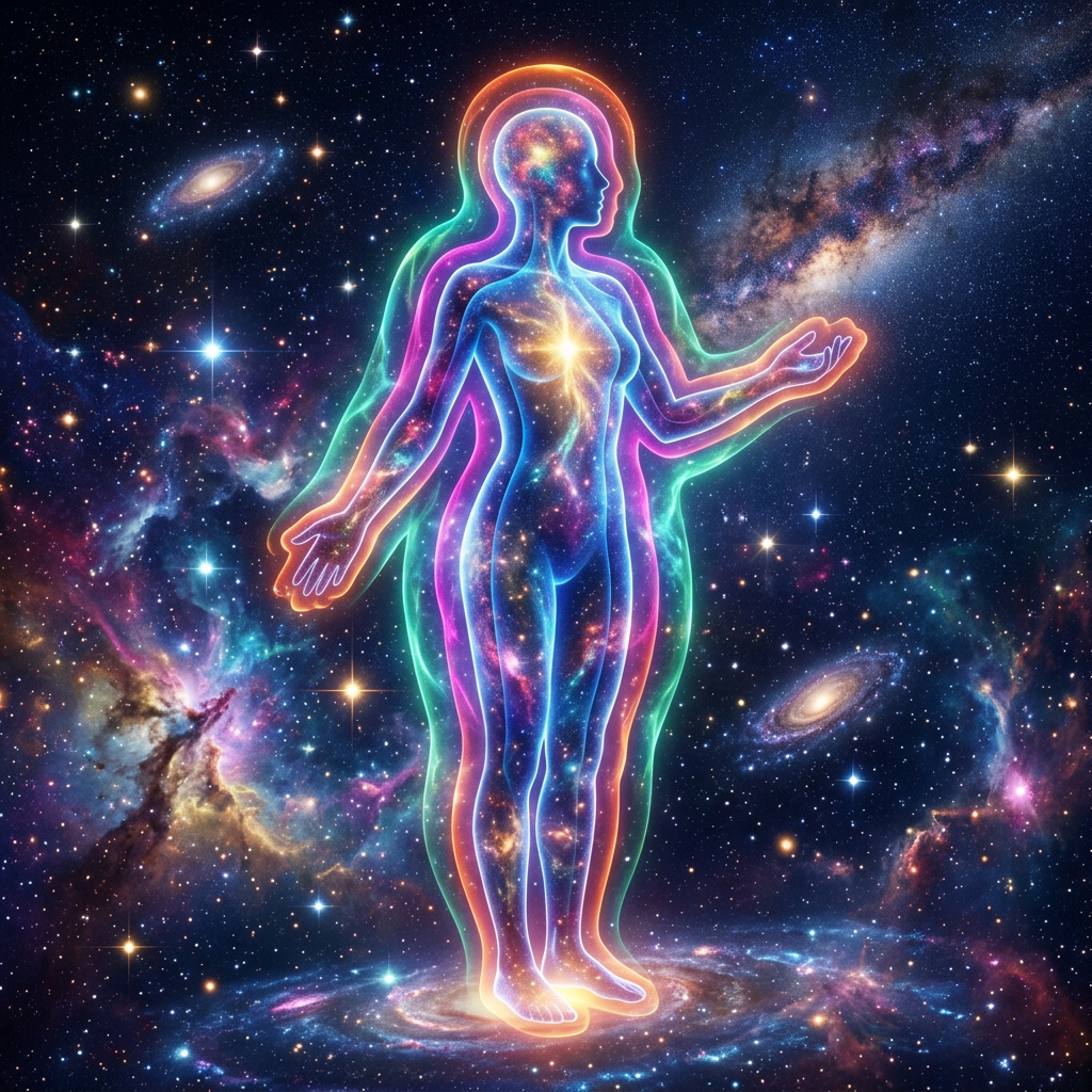 Three glowing human silhouettes filled with stars and galaxies in outer space