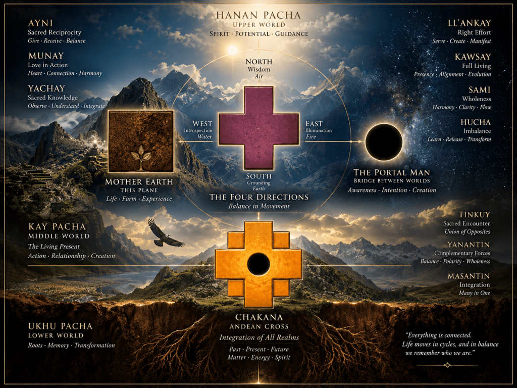 An illustrated diagram presenting spiritual concepts of the Andean worldview, featuring the four directions, Mother Earth, and a central 'Portal Man' symbol. Each section highlights different aspects such as knowledge, love, and balance, set against a backdrop of mountains and a starry sky.